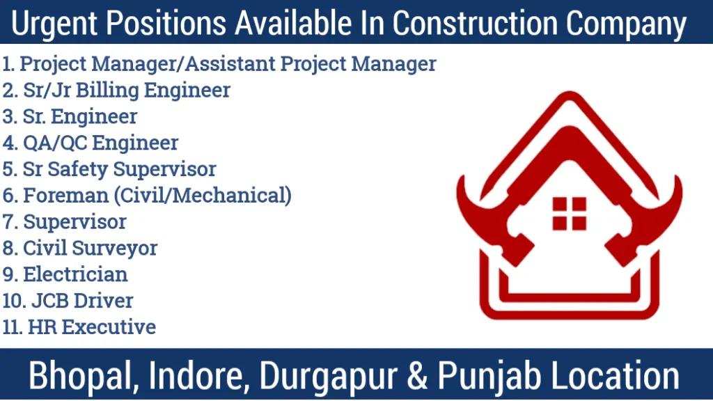 Urgent Positions Available in Construction Company