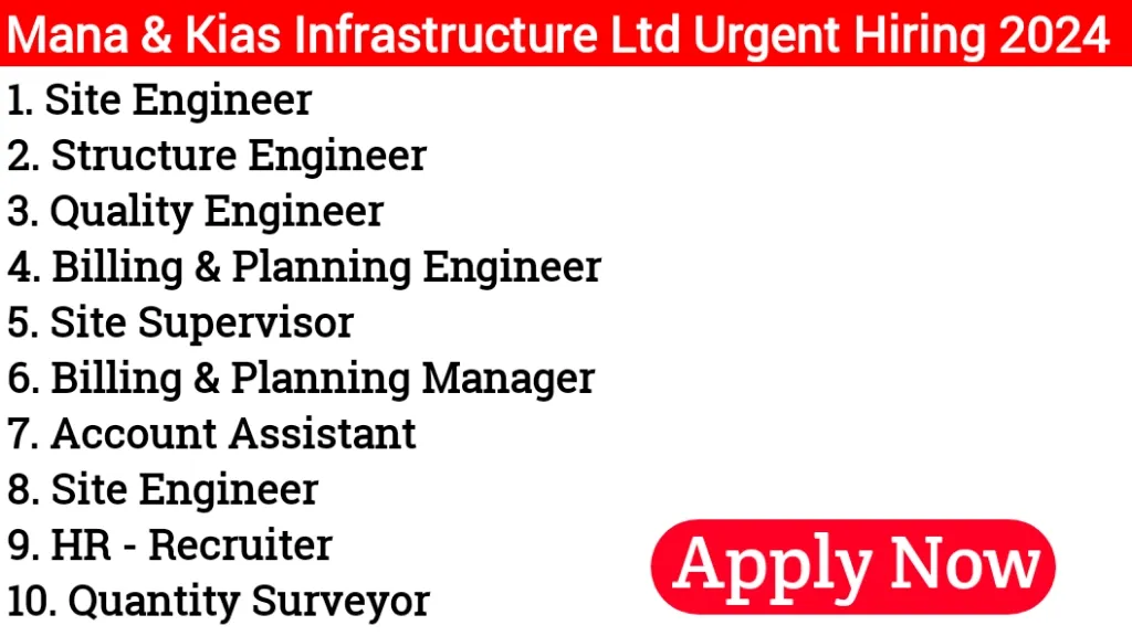 Construction Jobs Mana & Kias Infrastructure Ltd Urgent Hiring 2024